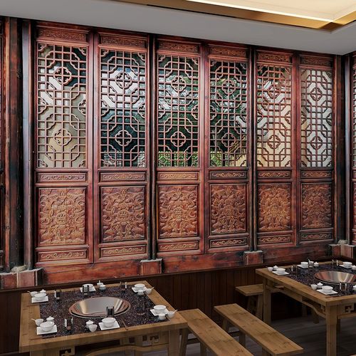 中式复古镂空木门墙纸3d屏风中国风饭店火锅店拍照剧本杀背景壁纸