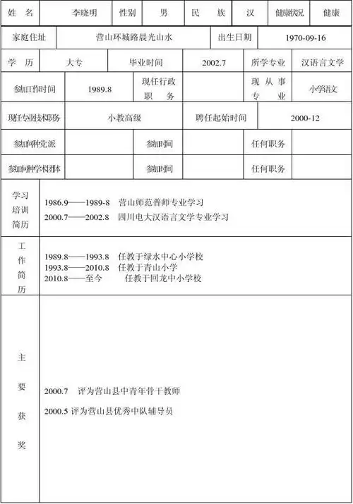 学校个人简历信息表 李晓明