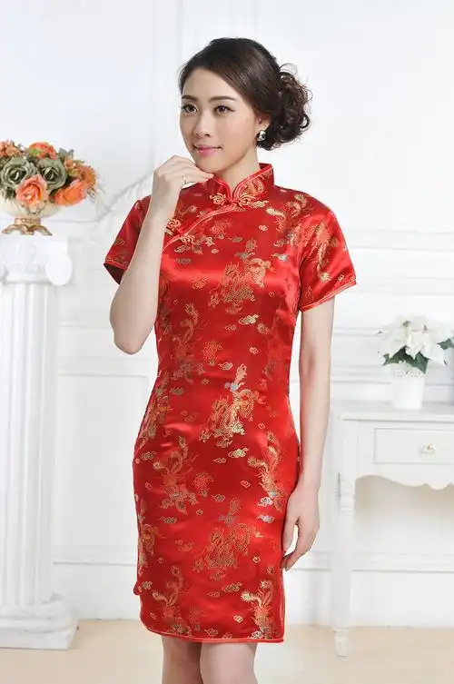 龙凤短旗袍 女士唐装夏装礼服斜襟短袖织锦缎演出服旗袍裙