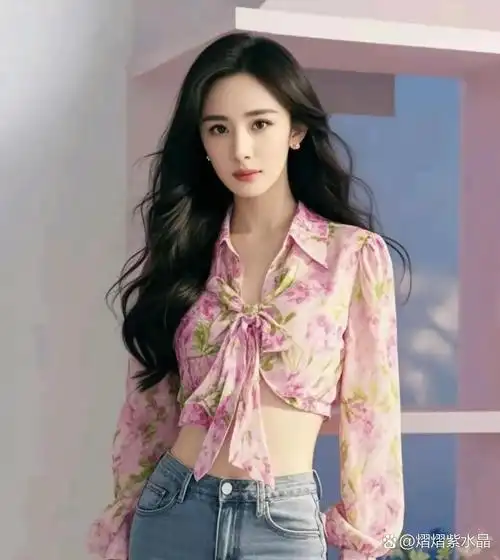 杨幂以紧身牛仔裤和粉色碎花雪纺衬衫展现出居家时尚感,散发温柔魅力