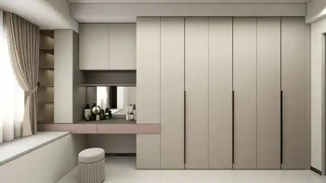 为了整体性更强,梳妆台可以与衣柜组合定制,一体化设计既不突兀也不会