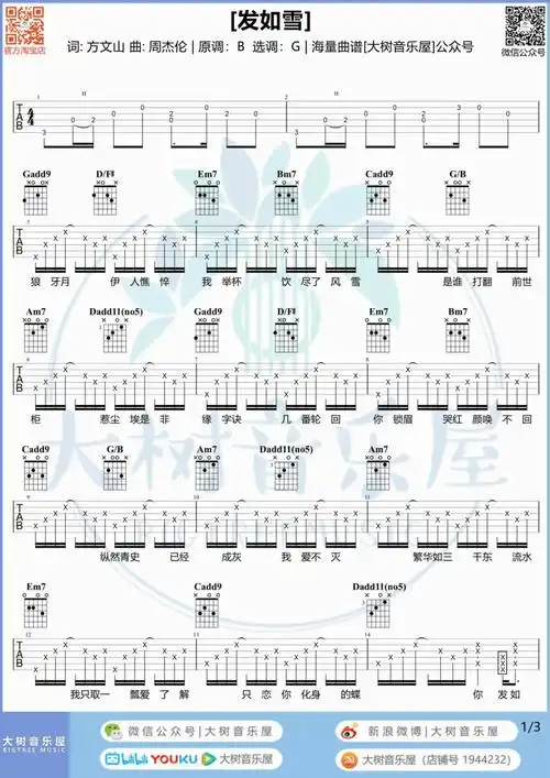 发如雪吉他谱周杰伦g调原版六线谱吉他弹唱教学