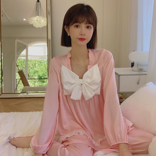 赫本蝴蝶结睡衣春秋长袖薄款纯棉冰丝2021年新款睡衣