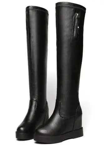 女厚底内增高长筒靴显瘦弹力靴靴子侧拉链骑士靴过膝坡跟高跟 黑色 35