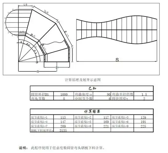 三节等径弯头的任意度数的放线图