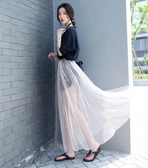 2021春夏季超薄透视网纱纱裙半身裙高腰外搭透明单层罩裙长裙黑色70cm