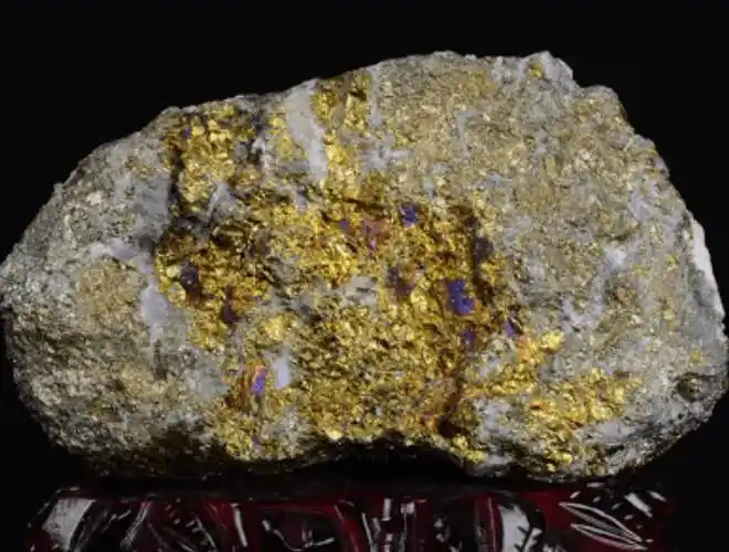 表面观察利用放大镜观察矿石表面,金矿原石中的金属金往往是带有金