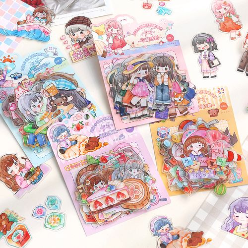 可爱人物闪闪小世界pet贴纸包少女心儿童手账贴画小图案防水贴纸