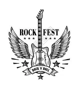 动纹身矢量艺术摇滚吉他配有翅膀插图的节音乐徽章配有翅膀的吉他插画