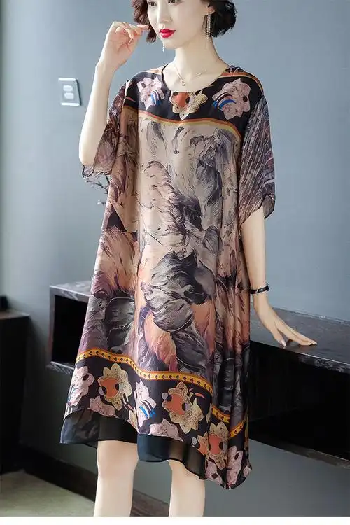 高档【清凉一夏】真丝连衣裙女中长款妈妈装夏季气质中老年宽松遮肚