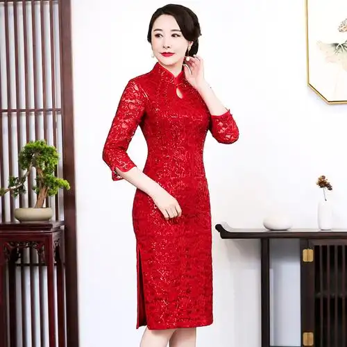 中老年女装婚宴礼服喜婆婆改良修身旗袍气质妈妈连衣裙