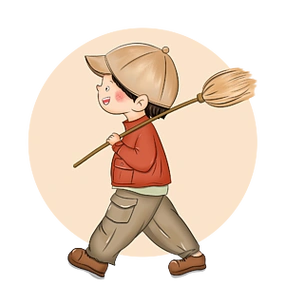 卡通手绘扛拖把的小孩免抠