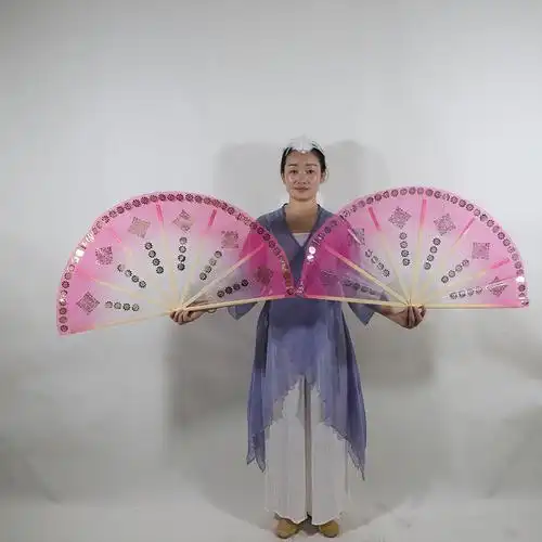 朝鲜舞族舞蹈扇子玫红色纱扇基督教舞蹈扇烫金花跳舞用的大扇子