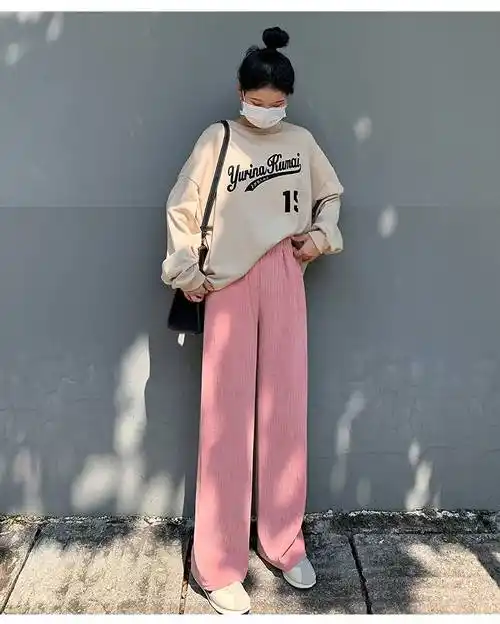 浪莎灯芯绒阔腿裤女秋冬粉色春直筒裤子2021新款宽松高腰垂感裤条绒