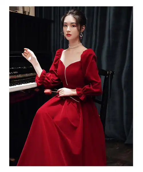 款新款气质女士裙子回门穿丝绒长袖订婚结婚红色礼服裙显瘦酒红色s