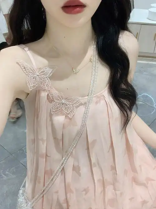 实拍实价~法式纯欲风立体蝴蝶露肩吊带连衣裙女气质宽松大摆长… - 17