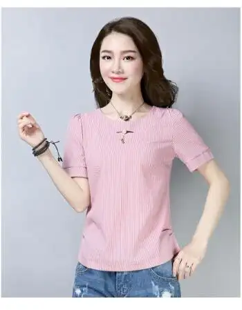 珂梵图2018t恤女短袖新款夏装修身圆领韩版软妹条纹上衣服夏季半袖