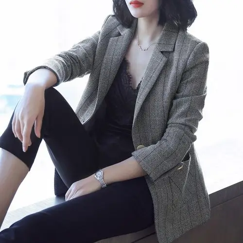 2018秋装新款长袖小西装女外套休闲显瘦韩版女士中长款ol格子西服