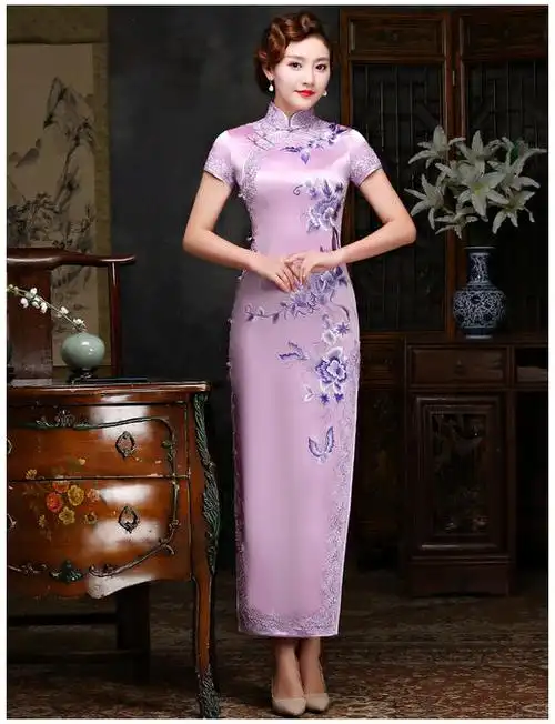 ly-00582新款礼服旗袍真丝绣花端庄气质高档长款旗袍裙 - 唐织绾女装