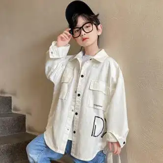 银沐415岁男童长袖衬衫春秋宽松衬衣外穿中大童痞帅潮流童装白色120cm