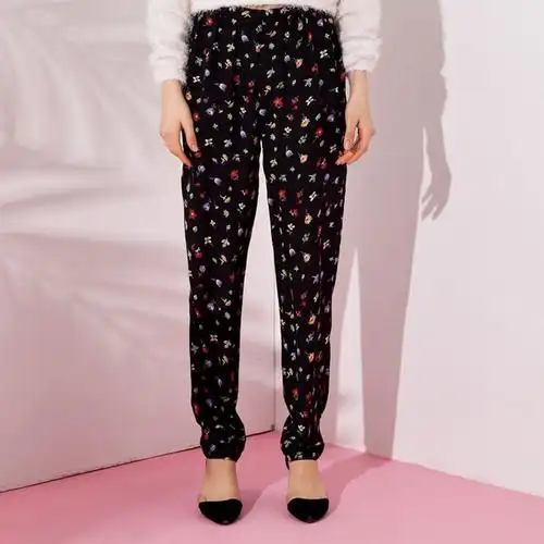 frontrowshop花朵长裤丝质宽松长裤哈伦裤 女裤春季新款