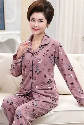 中老年睡衣女士春秋季纯棉长袖开衫翻领中年妈妈家居服加大码老人套装