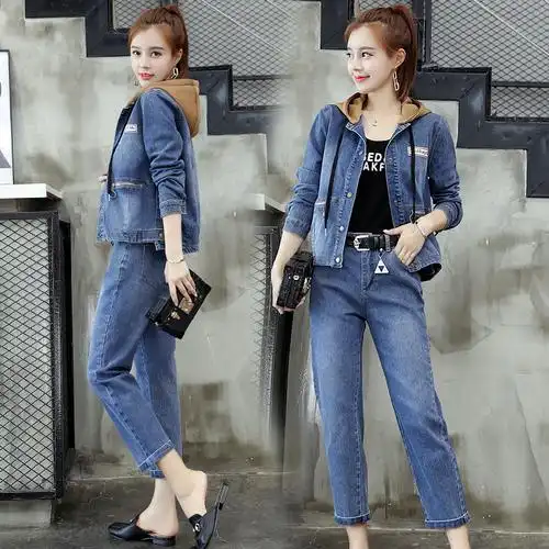 个性牛仔套装女女士秋季新品牛仔纽扣连帽时尚甜美休闲修身两