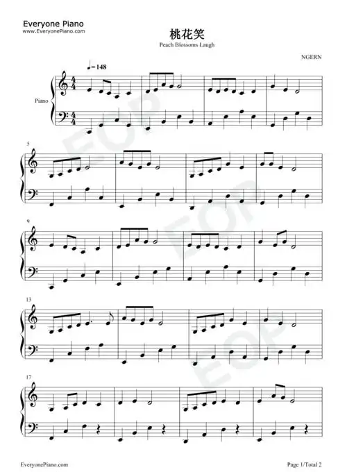 桃花笑-c调简单版五线谱预览1-钢琴谱文件(五线谱,双手简谱,数字谱