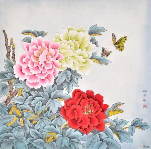 仇谷四尺斗方花鸟画蝴蝶牡丹花开富贵图