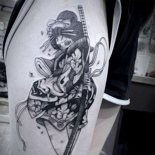 【一份2张】日式纹身贴浮世绘艺妓少女纹身贴 日式软妹花腿腿上