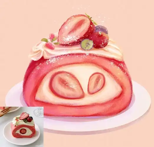 手绘草莓蛋糕有过程肌理风插画美食