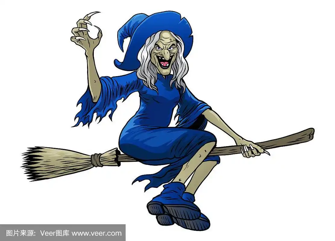 卡通女巫骑着飞天扫帚