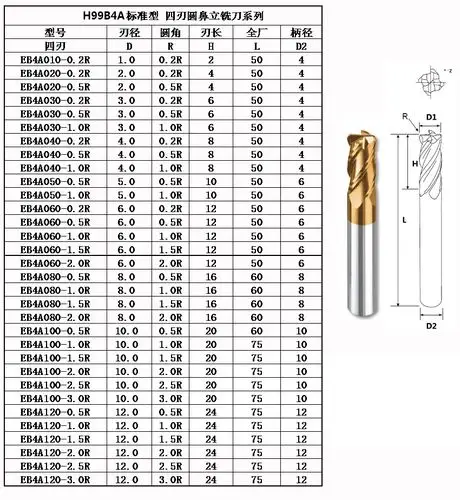 钨钢铣刀 台湾进口超高硬度钨钢圆鼻刀 亿逹yida60°金色涂层钨钢圆鼻