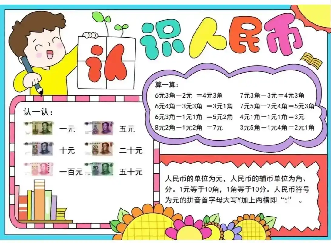 数学人民币小报简单又漂亮一年级 - 抖音