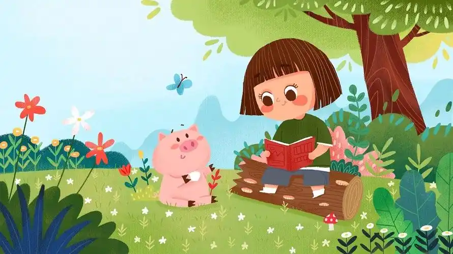 卡通手绘风春天读书的小女孩插画