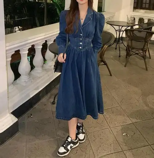 2022春韩系气质收腰显瘦牛仔连衣裙女简约实穿复古长袖裙子