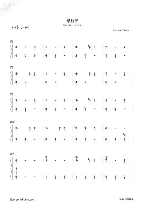 绿袖子双手简谱预览1