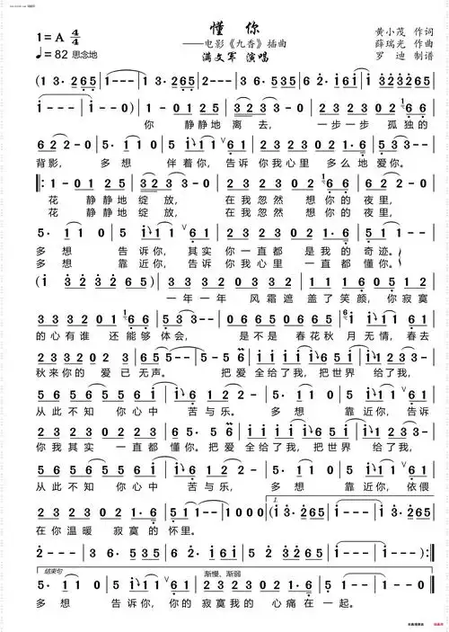 《懂你(电影《九香》插曲)》简谱 黄小茂作词 薛瑞光作曲 满文军演唱