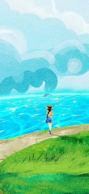 绿色卡通春天你好立夏海边度假旅游插画