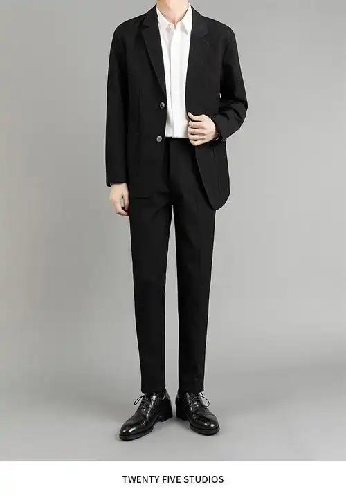 系轻熟男装西装裤子两件套春秋季潮流商务休闲两穿男士西装法黛姗黑色