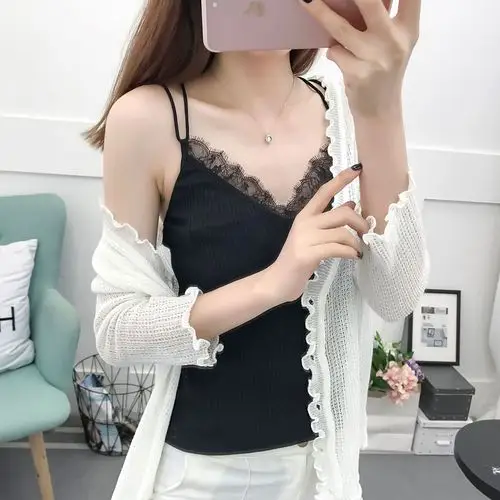 蕾丝花边吊带背心女夏外穿性感修身短款百搭紧身黑色女装打底衫
