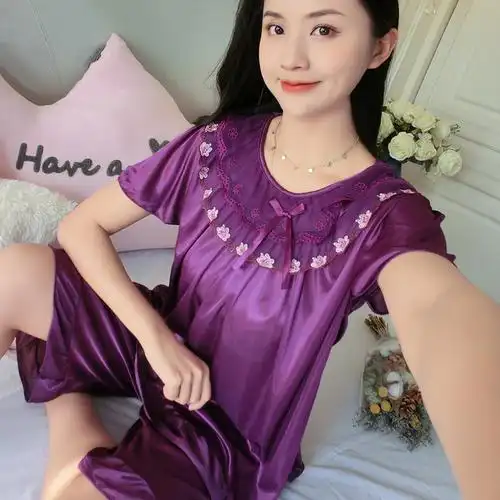 外贸跨境夏季短袖冰丝睡衣女加肥加大韩版性感蕾丝薄款家居服套装