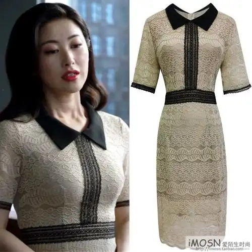 精英律师栗娜朱珠同蕾丝连衣裙裸色小黑短袖包臀连衣裙