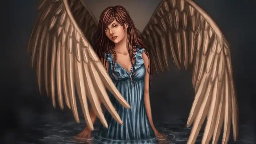 梦幻天使,女孩,翅膀,蓝色的裙子,水 壁纸 - 2560x1440 qhd