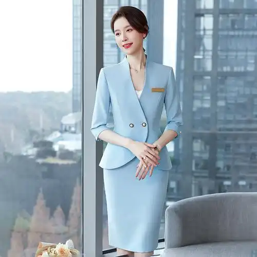 蓝色中袖套裙美容师工作服珠宝店销售工装主持人白领正装修身西服