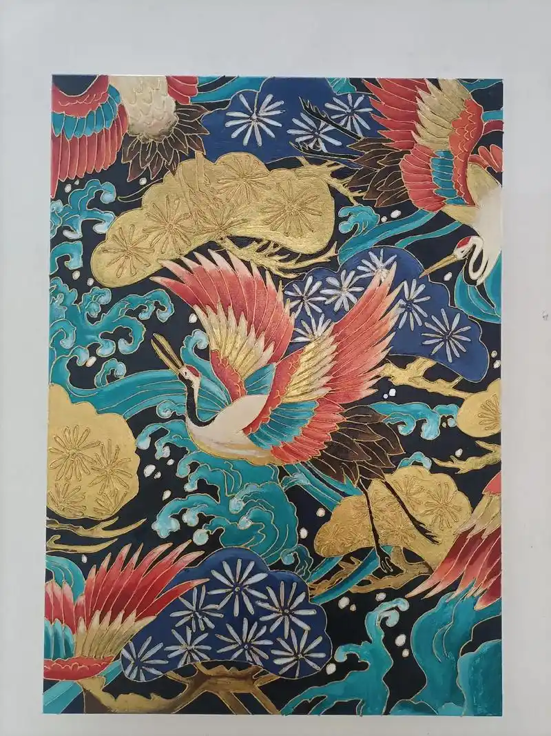 浅画一幅浮世绘风格沥粉仙鹤图#纯手绘  - 抖音