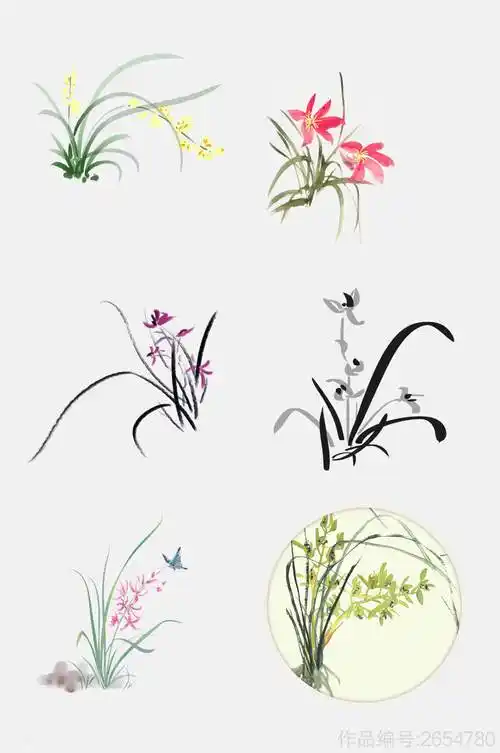 时尚中国风水墨植物兰花兰草免抠素材