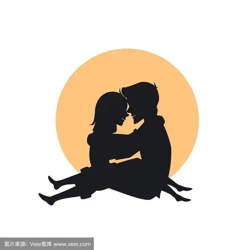 相爱的情侣面对面坐着互相拥抱剪影