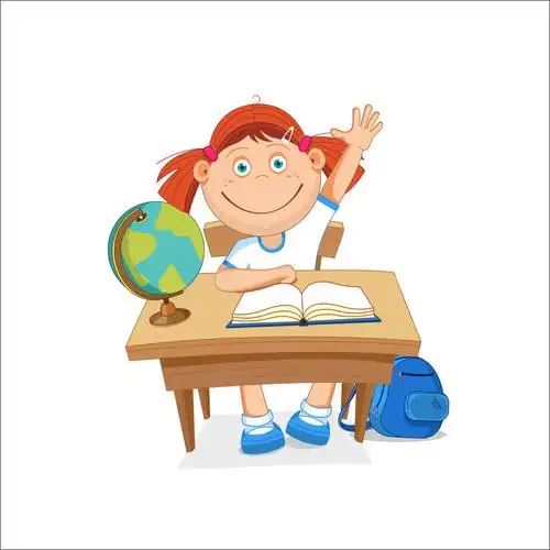 坐在书桌旁回答问题的小女孩矢量插图