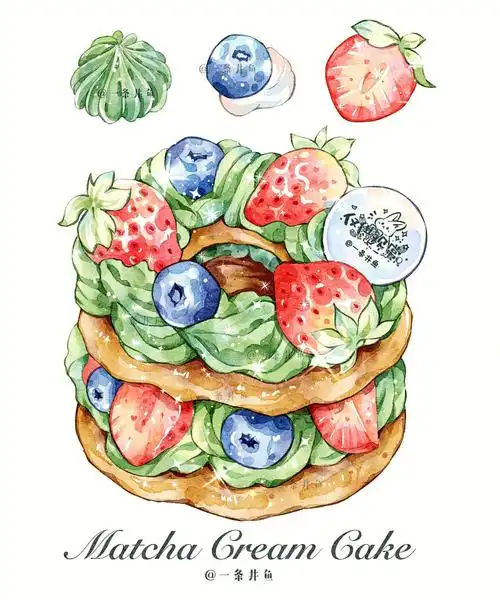 抹茶奶油草莓泡芙ipad水彩甜品过程临